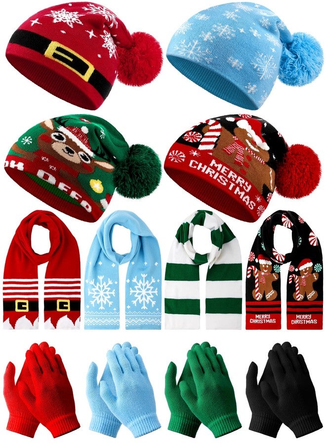 Cuffbow 12 Pcs Christmas Knitted Beanies and Scarf Gloves Set Xmas Santa Hats with Pom Winter Warm Skull Cap Long Knit Scarf Gloves for Adults Women Men Christmas - Image 1